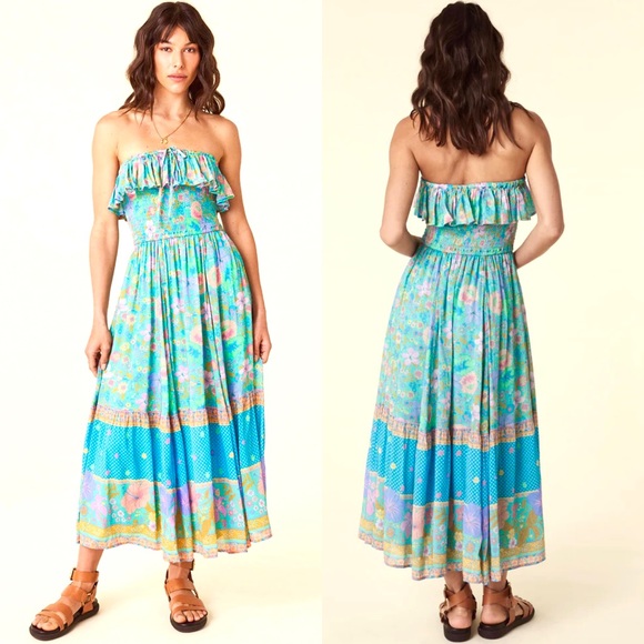 SPELL Hibiscus Lane Strapless Flutter Midi Dress Organic 
Lagoon Floral Print - Picture 17 of 17